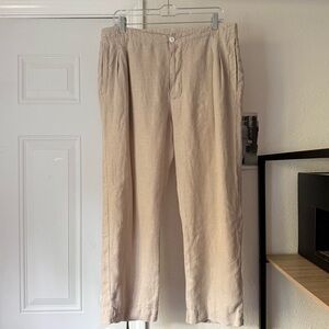 ALEXANDER YAMAGUCHI tan linen slim straight leg cropped trousers pants